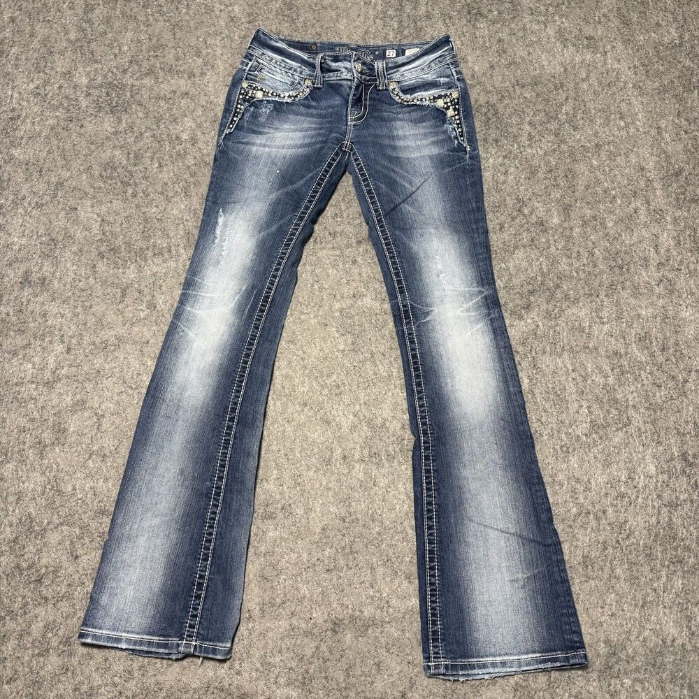 Miss Me JP5755B Bootcut Jeans Size 27 Blue Studded Embellished Flap Pocket Y2K